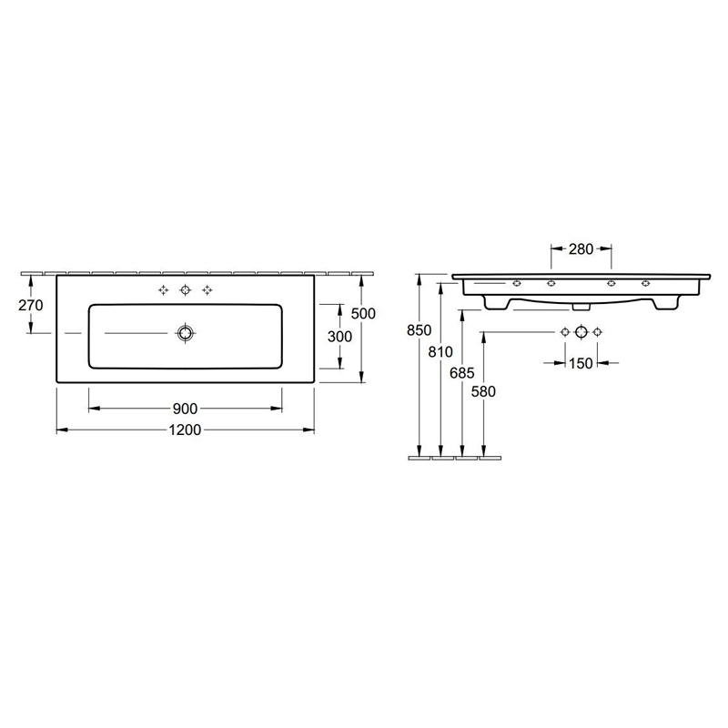 Lavoar Villeroy & Boch, Venticello, dreptunghiular, 120 cm, cu orificu baterie si preaplin, alb alpin