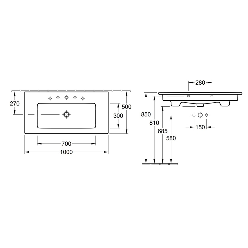 Lavoar Villeroy & Boch, Venticello, dreptunghiular, 100 cm, cu orificu baterie si preaplin, alb alpin