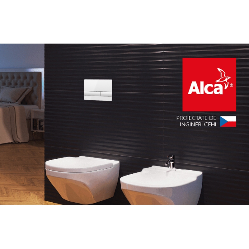 Set rezervor wc incastrat Alcaplast, Sadromodul, pentru instalari uscate (in gips-carton) + clapeta alb-lucios M1710 + izolare fonica
