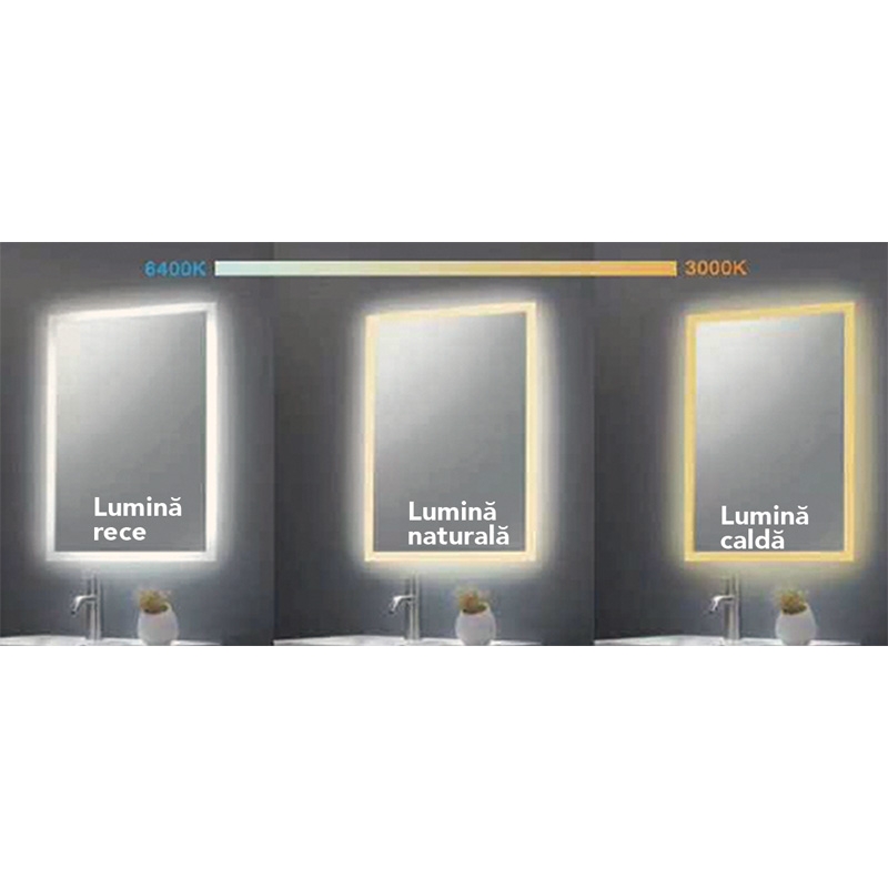 Oglinda Fluminia, Ando 60, dreptunghiulara, cu LED, 3 culori, dezaburire, 60 cm