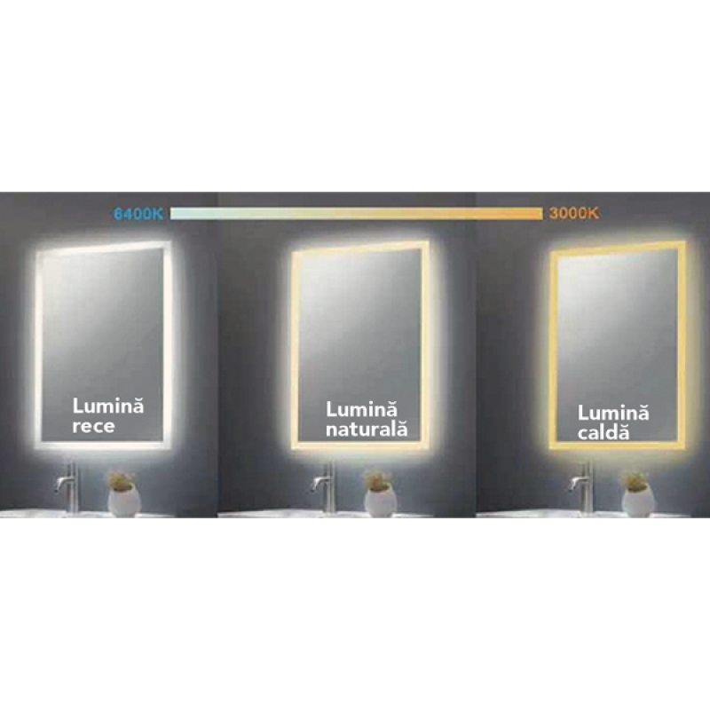Oglinda Fluminia, Ando 90, dreptunghiulara, cu LED, 3 culori, dezaburire, 90 cm