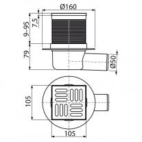 Sifon de pardoseala cu iesire laterala, Alcadrain, gratar din otel inoxidabil, 105x105/50 mm