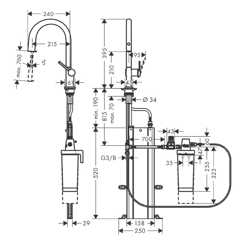 Baterie de bucatarie, Hansgrohe, Aqittura M91 210, sBox, pipa extractibila, negru mat