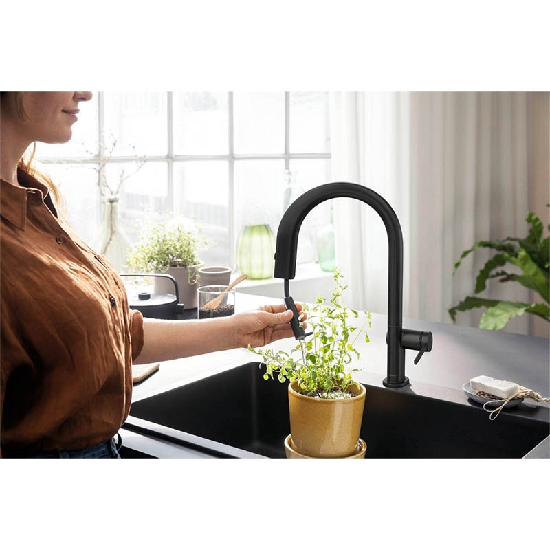 Baterie de bucatarie, Hansgrohe, Aqittura M91 210, sBox, pipa extractibila, negru mat