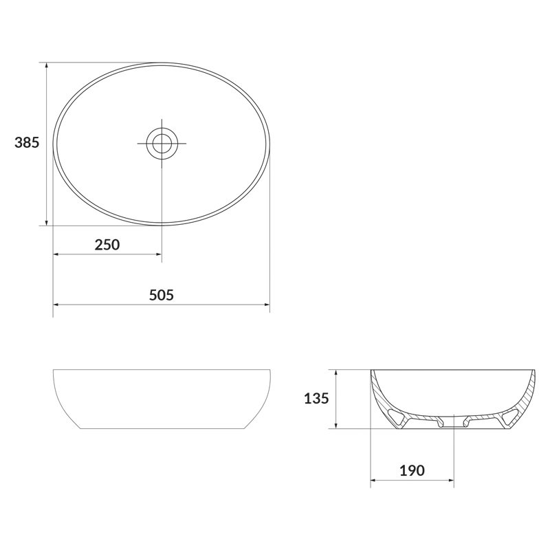 Lavoar pe blat, Cersanit, Larga, oval, 50 cm, antracit mat