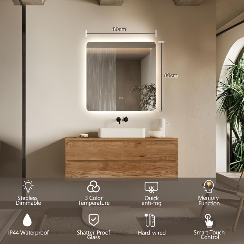 Oglindă Fluminia, Verona 80, dreptunghiulară, 80 x 80 cm, cu LED, 3 culori, dezaburire