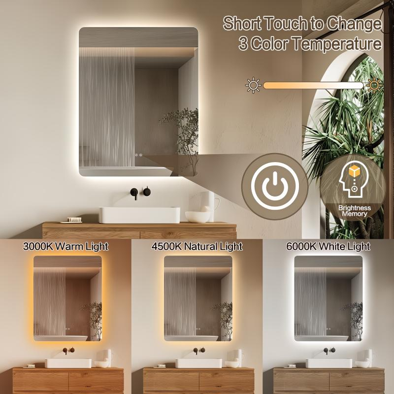 Oglindă Fluminia, Verona 80, dreptunghiulară, 80 x 80 cm, cu LED, 3 culori, dezaburire
