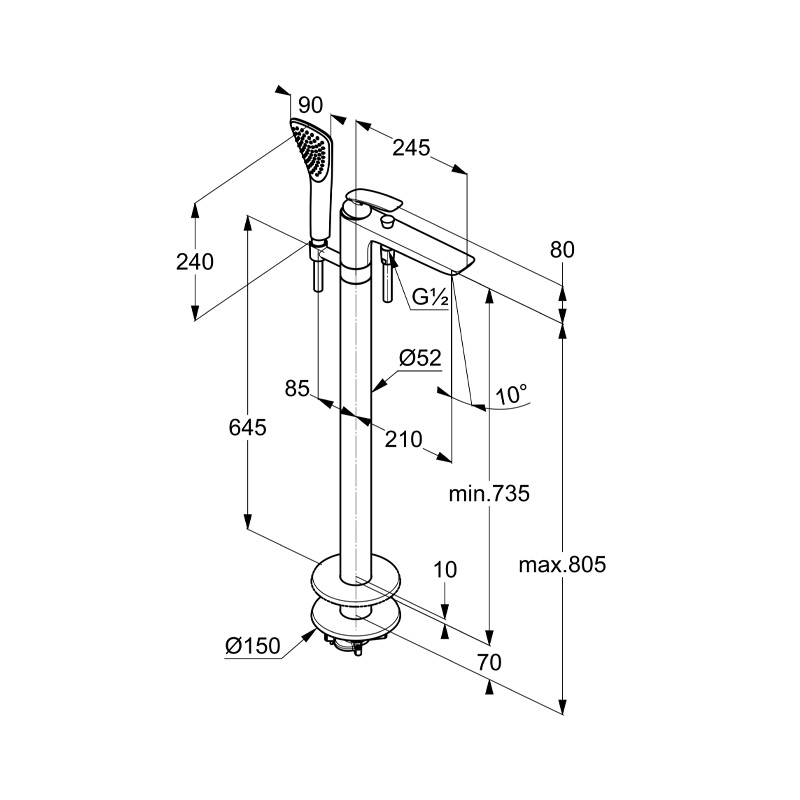 Baterie stativă pentru cadă, Kludi, Balance, cu set de duș, alb mat