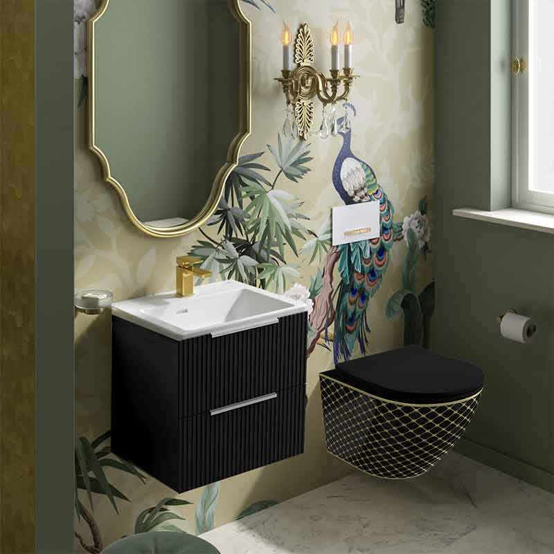 Set WC suspendat Spectrum, Trendi Slim, rimless, cu capac soft close, negru-auriu