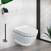 Set WC suspendat Spectrum, Trendi Slim, rimless, cu capac soft close, alb cu model folcloric