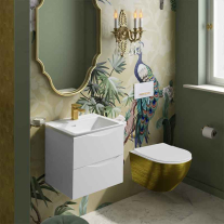 Set WC suspendat Spectrum, Trendi Slim Brushed Gold, rimless, cu capac soft close, auriu periat-alb