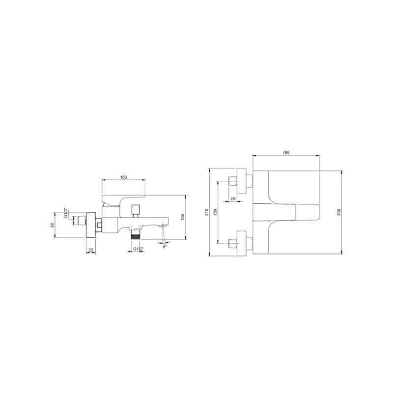 Baterie cadă-duș Villeroy&Boch, Architectura Square, montaj pe perete, brushed nickel