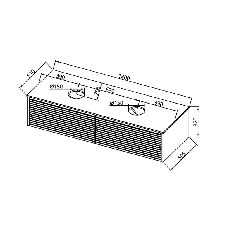 Mobilier suspendat Kolpasan, Orphia 140, canelat, cu blat din Kerrock, 2 sertare, acacia
