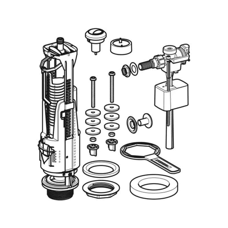 Set de mecanism rezervor WC Geberit actionare mecanica, alimentare laterala, cu flotor, fara senzor