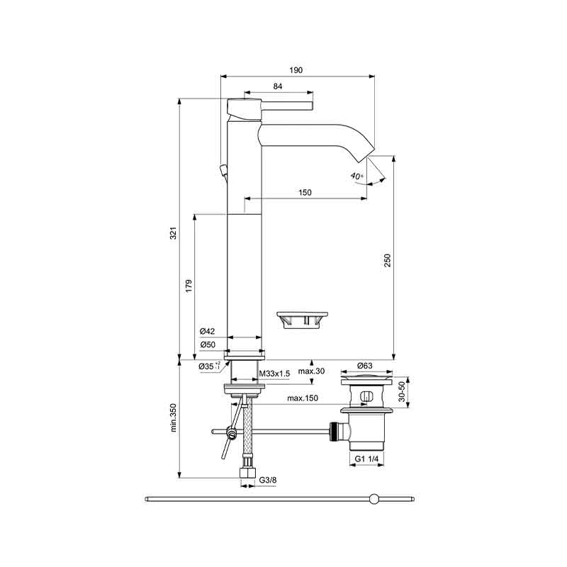 Baterie înaltă lavoar Ideal Standard Ceraline 250, cu ventil Pop-Up, crom