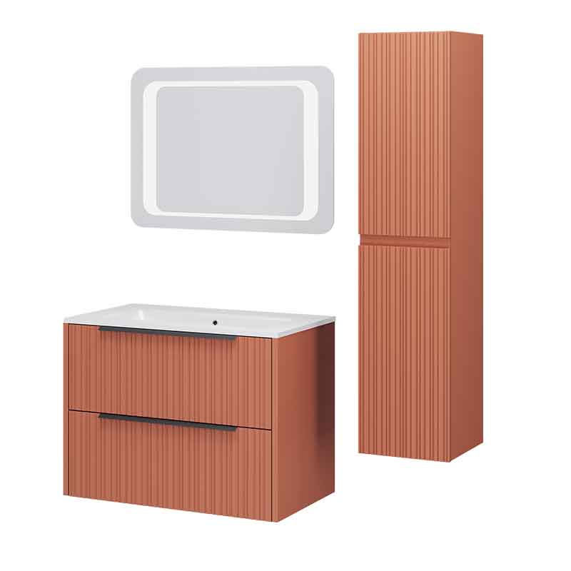 Mobilier suspendat pentru lavoar Fluminia Istria 80 cu 2 sertare, front riflat, 80x46 cm, mattone, mâner negru