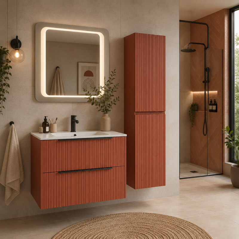 Mobilier suspendat pentru lavoar Fluminia Istria 80 cu 2 sertare, front riflat, 80x46 cm, mattone, mâner negru