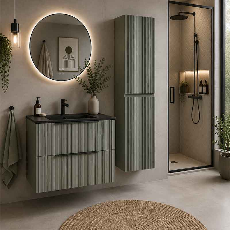 Mobilier suspendat pentru lavoar Fluminia Istria 80 cu 2 sertare, front riflat, 80x46 cm, salvia, mâner negru