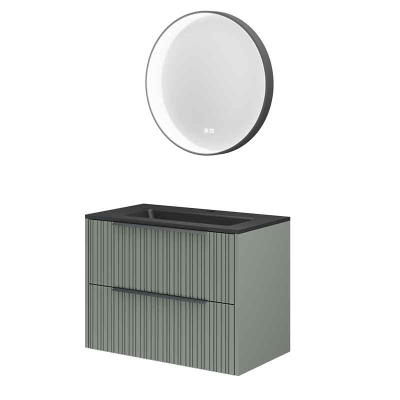 Mobilier suspendat pentru lavoar Fluminia Istria 80 cu 2 sertare, front riflat, 80x46 cm, salvia, mâner negru