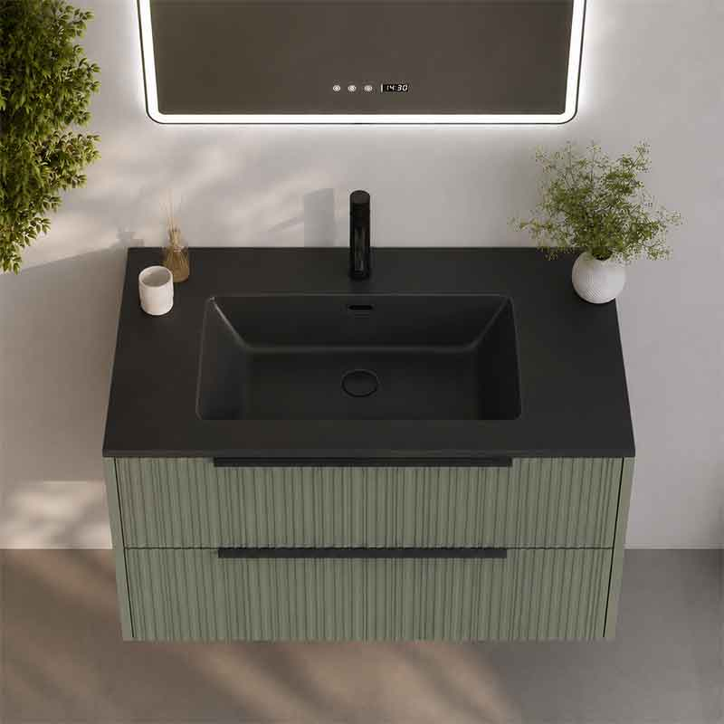 Mobilier suspendat pentru lavoar Fluminia Istria 80 cu 2 sertare, front riflat, 80x46 cm, salvia, mâner negru