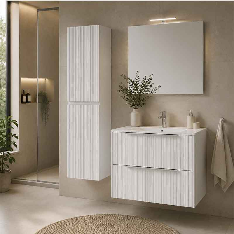 Mobilier suspendat Fluminia Istria 80, pentru lavoar încastrat, front riflat, 80x46 cm, alb mat, mâner inox