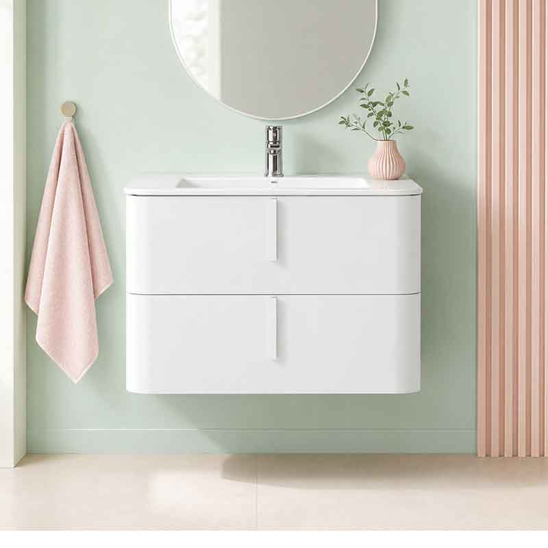 Mobilier suspendat pentru lavoar Fluminia Pisa 80 cm, front neted, 80 × 46 cm, alb mat, mânere albe mat