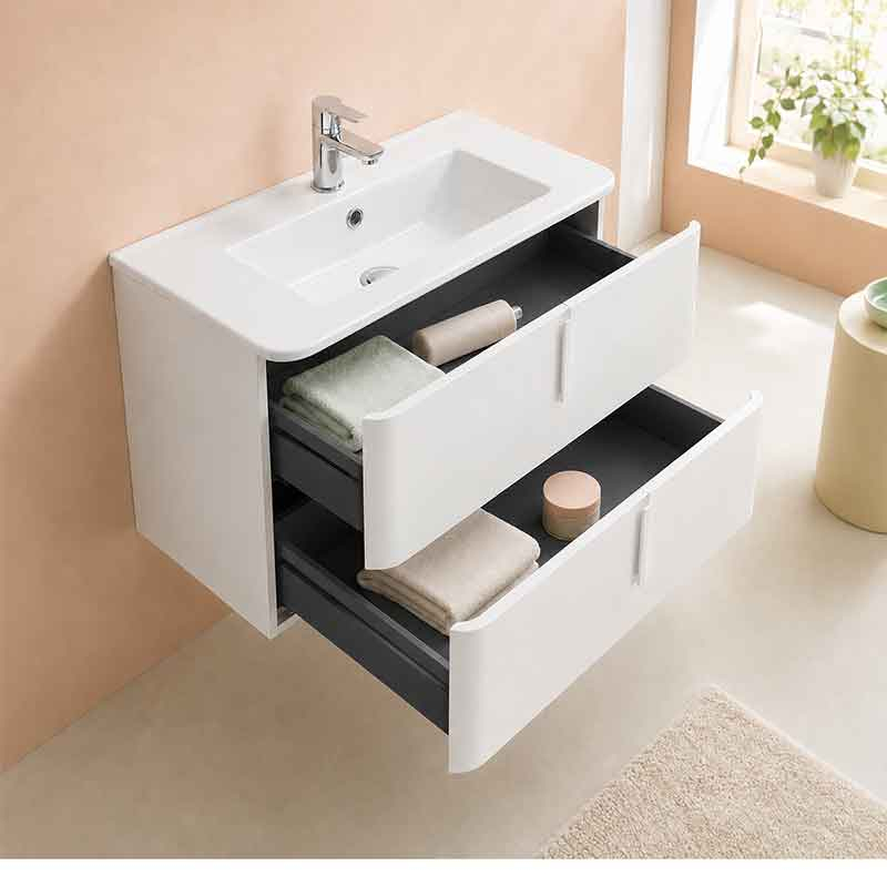 Mobilier suspendat pentru lavoar Fluminia Pisa 80 cm, front neted, 80 × 46 cm, alb mat, mânere albe mat