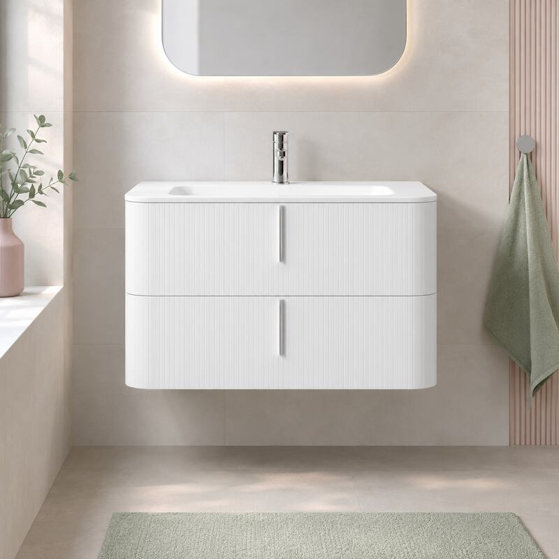 Mobilier suspendat pentru lavoar Fluminia Pisa 100 cm, front riflat, 100 × 46 cm, alb mat, mâner alb mat