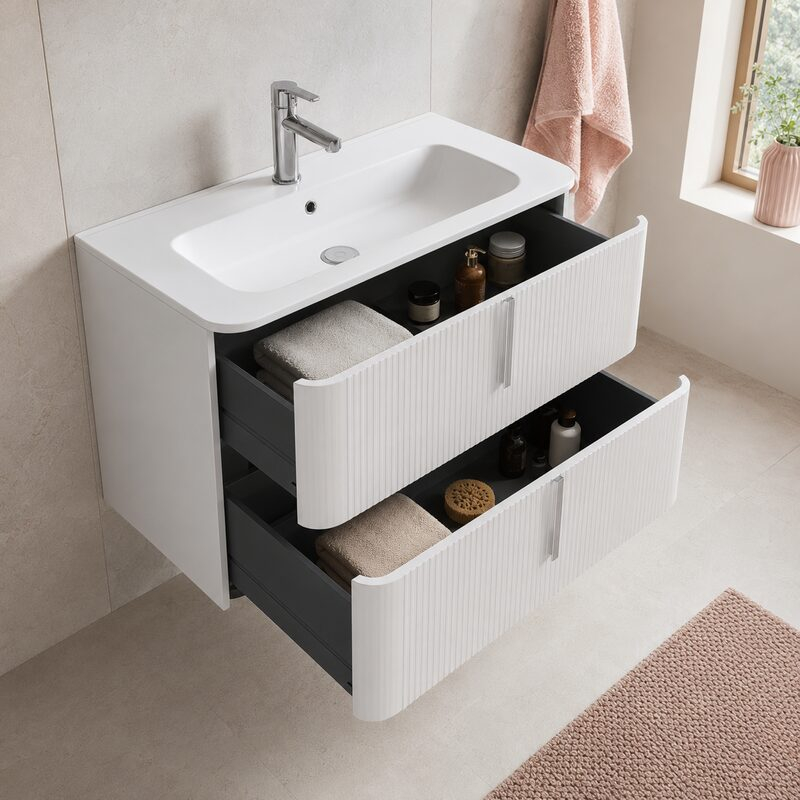 Mobilier suspendat pentru lavoar Fluminia Pisa 100 cm, front riflat, 100 × 46 cm, alb mat, mâner alb mat