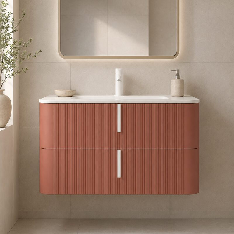 Mobilier suspendat pentru lavoar Fluminia Pisa 100 cm, front riflat, 100 × 46 cm, mattone, mâner alb mat