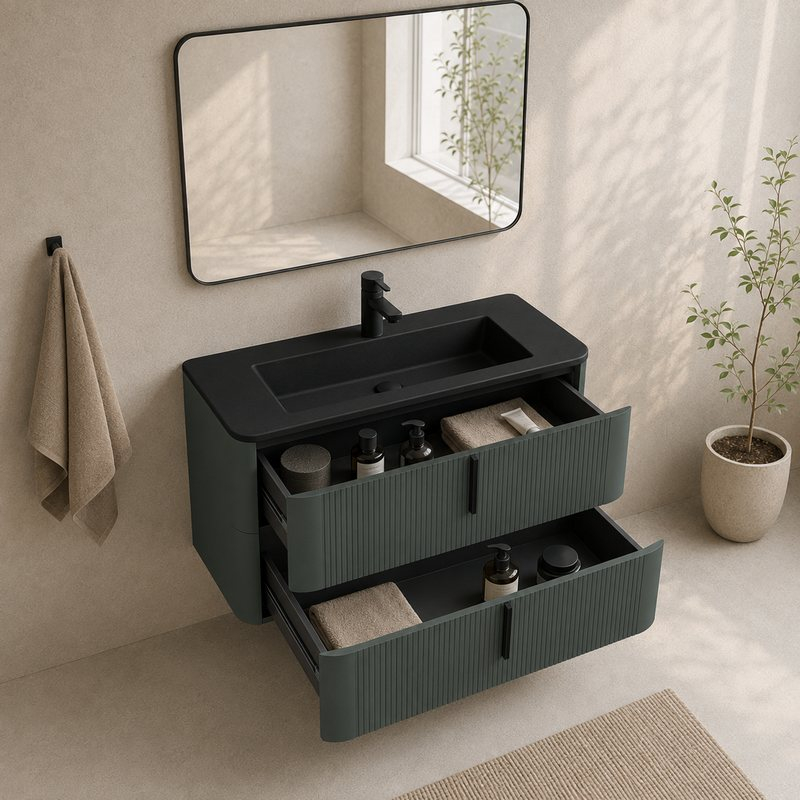 Mobilier suspendat pentru lavoar Fluminia Pisa 100 cm, front riflat, 100 × 46 cm, verde Italia, mâner negru
