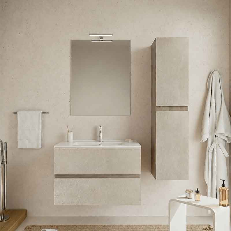 Mobilier suspendat pentru lavoar Fluminia, Genova 60, front rugos, laterale netede, almond/noce americano