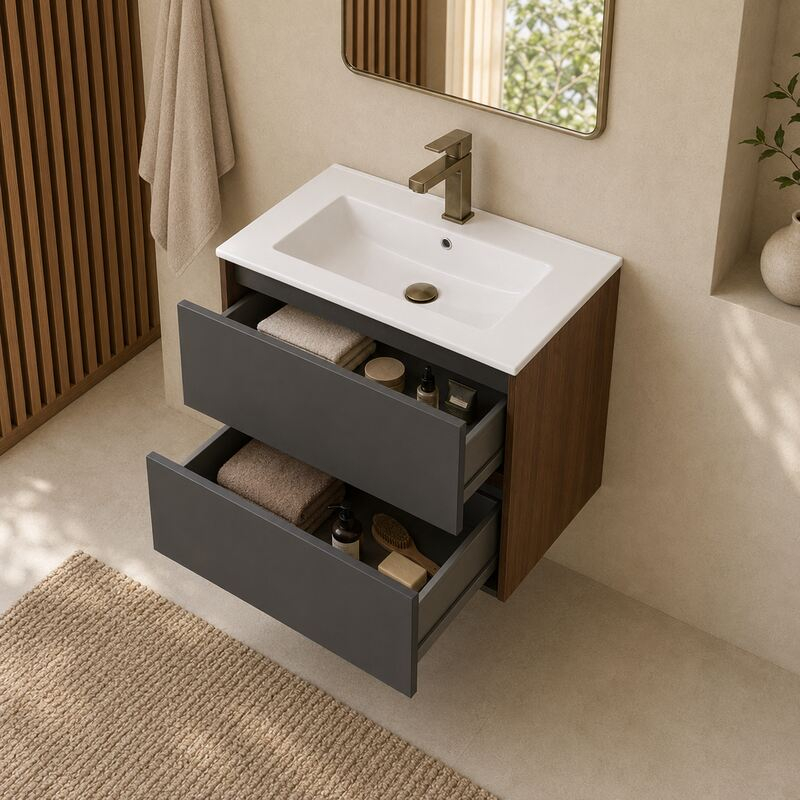 Mobilier suspendat pentru lavoar Fluminia, Genova 60, front și laterale netede, nero mat/rovere moka