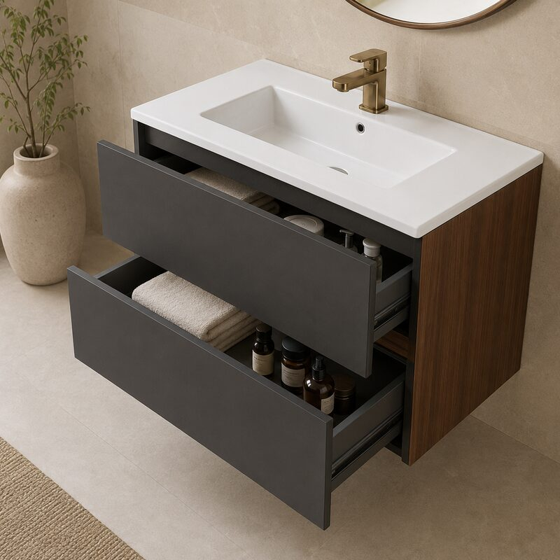 Mobilier suspendat pentru lavoar Fluminia, Genova 80, front și laterale netede, nero mat/rovere moka
