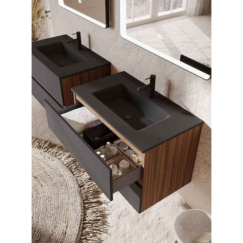 Mobilier suspendat pentru lavoar Fluminia, Genova 80, front și laterale netede, nero mat/rovere moka