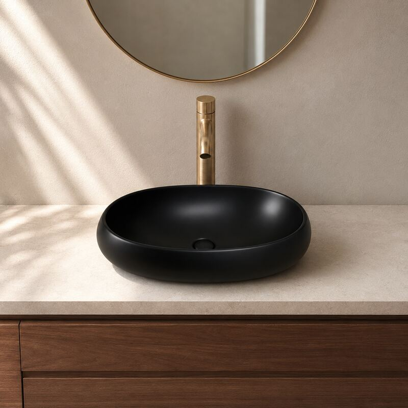 Lavoar pe blat Fluminia, Lheea, oval, 58.5 x 40 cm, negru mat