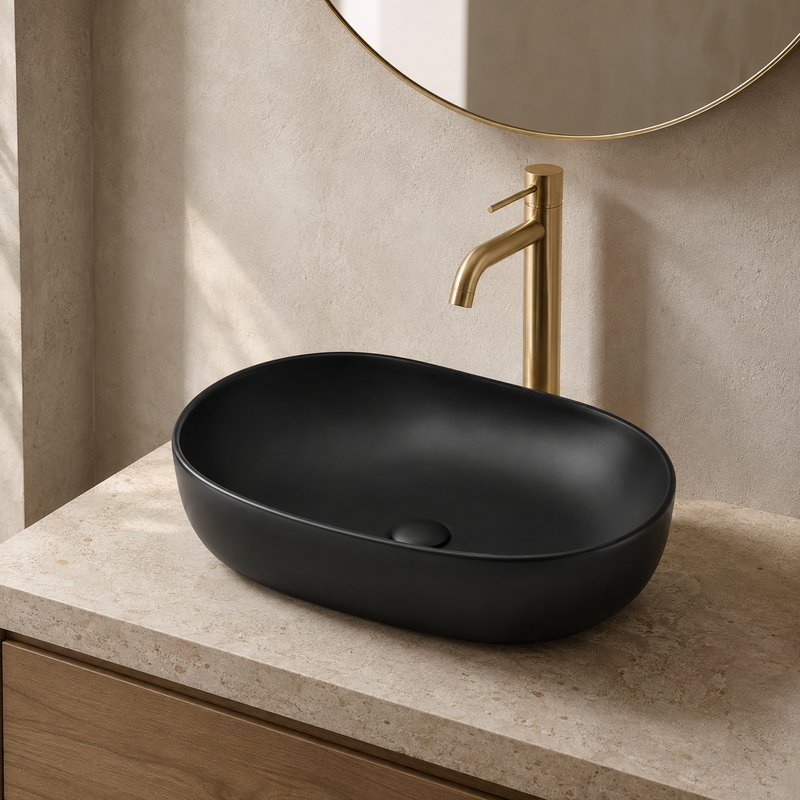 Lavoar pe blat Fluminia, Odera, oval, 60 x 41.5 cm, negru mat