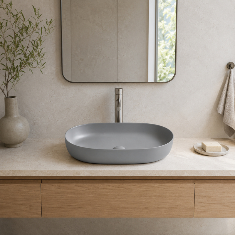Lavoar pe blat Fluminia, Odera Slim, oval, 60 x 41.5 cm, gri deschis