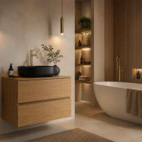Mobilier suspendat pentru lavoar Fluminia Genova 80, front și laterale netede, 80x46 cm, Rovere Natu