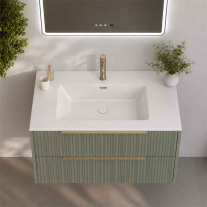 Mobilier suspendat pentru lavoar Fluminia Istria 80 cu 2 sertare, front riflat, 80x46 cm, salvia, mâner auriu
