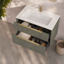 Mobilier suspendat pentru lavoar Fluminia Istria 80 cu 2 sertare, front riflat, 80x46 cm, salvia, mâner auriu