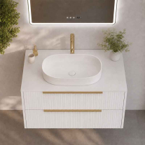 Mobilier suspendat pentru lavoar pe blat Fluminia Istria 80, front riflat, 80x46 cm, alb mat, mânere aurii