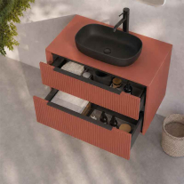 Mobilier suspendat pentru lavoar pe blat Fluminia Istria 80, front riflat, 80 × 46 cm, mattone, mâner negru