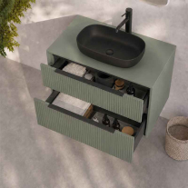 Mobilier suspendat pentru lavoar pe blat Fluminia Istria 80, cu 2 sertare, front riflat, 80x46 cm, salvia, mâner negru