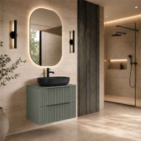 Mobilier suspendat pentru lavoar pe blat Fluminia Istria 80, cu 2 sertare, front riflat, 80x46 cm, salvia, mâner negru