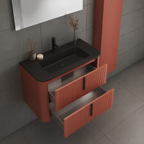 Mobilier suspendat pentru lavoar Fluminia Pisa 80 cm, front riflat, 80 × 46 cm, mânere negre, mattone