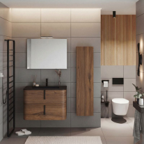 Mobilier suspendat pentru lavoar Fluminia Pisa 80 cm, front neted, 80 × 46 cm, tabacco, mâner negru