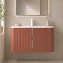 Mobilier suspendat pentru lavoar Fluminia Pisa 100 cm, front riflat, 100 × 46 cm, mattone, mâner alb mat