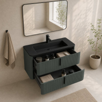 Mobilier suspendat pentru lavoar Fluminia Pisa 100 cm, front riflat, 100 × 46 cm, verde Italia, mâner negru