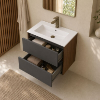 Mobilier suspendat pentru lavoar Fluminia, Genova 60, front și laterale netede, nero mat/rovere moka